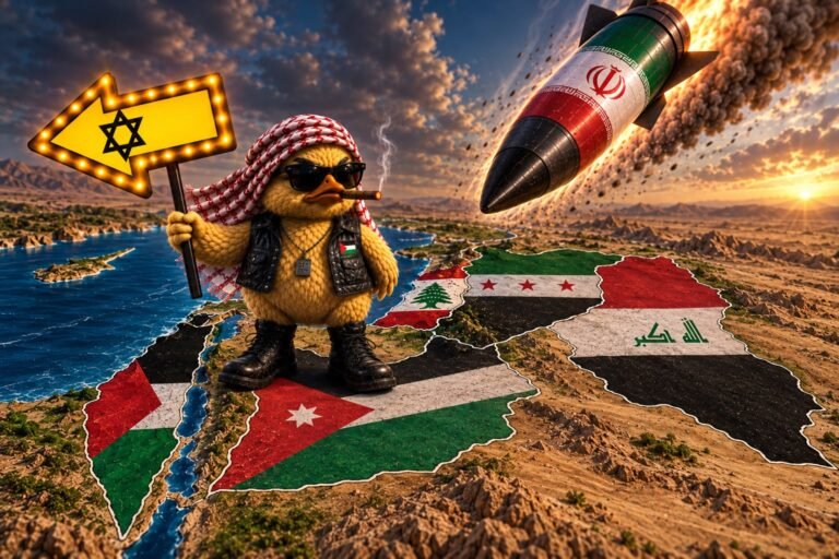 كاريكاتير ساخر يجسد انحراف مسار الصواريخ الإيرانية وسقوطها في الأجواء الإقليمية بعيداً عن أهدافها والشعارات المرفوعة